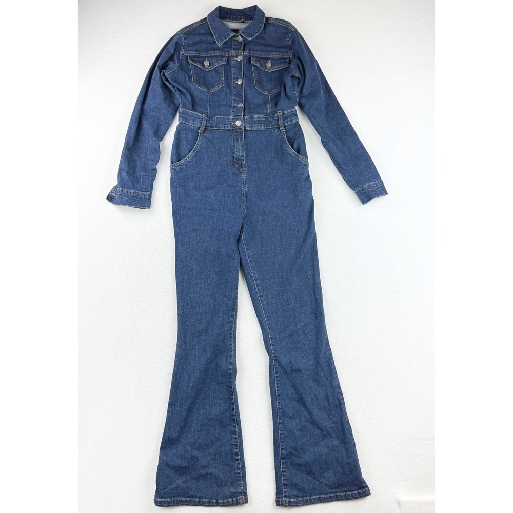Nasty Gal Denim Jumpsuit Size 8 Long‎ Sleeve Button Up Collar Womens Blue Denim - Picture 1 of 11